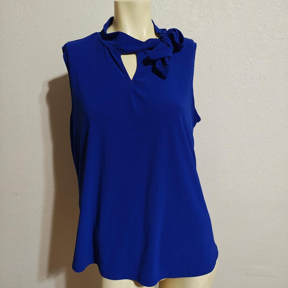 Liz McCoy Blue Sleeveless Bow Neck Keyhole Blouse Womens XL